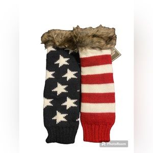 Long Warm Knit American Flag Fingerless Gloves w Faux Fur